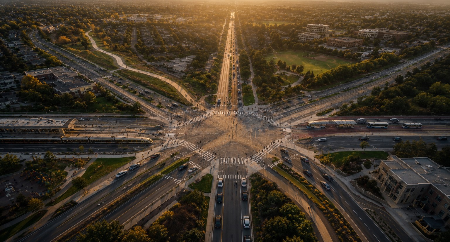 Many roads and transit routes meeting at one shared civic intersection