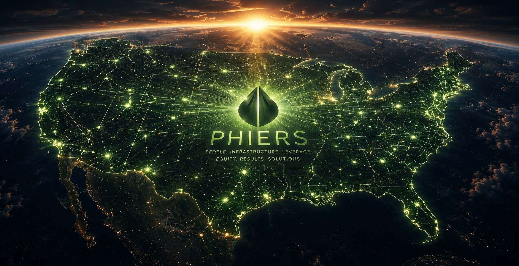 A cinematic view of the United States at sunrise, with congressional districts connected by an emerald civic network and the PHIERS mark emerging from the center.