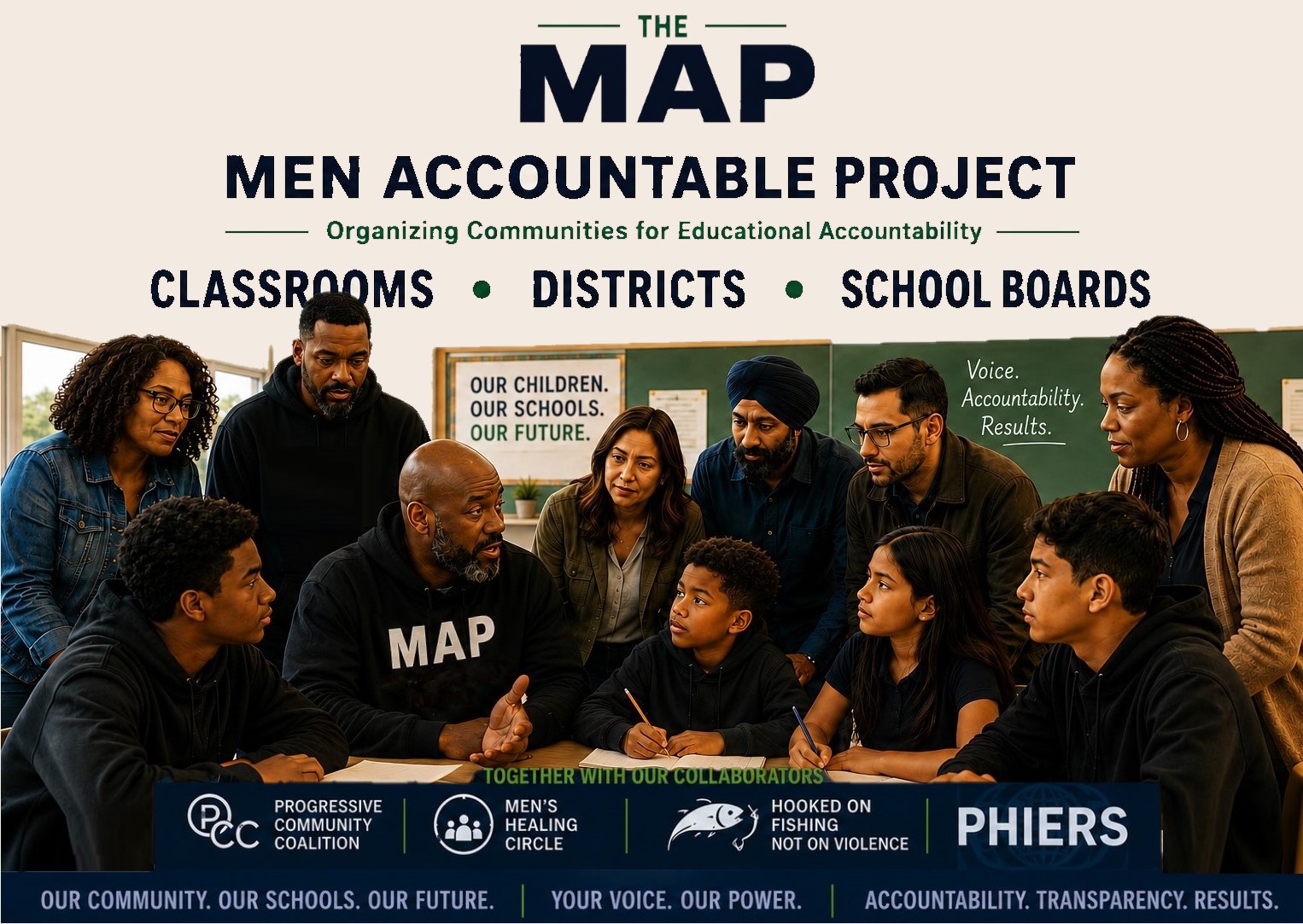The MAP, Men Accountable Project, organizing communities for educational accountability across classrooms, districts, and school boards.