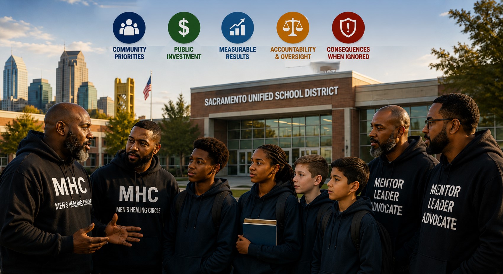 Men's Healing Circle mentors and Sacramento students representing community accountability