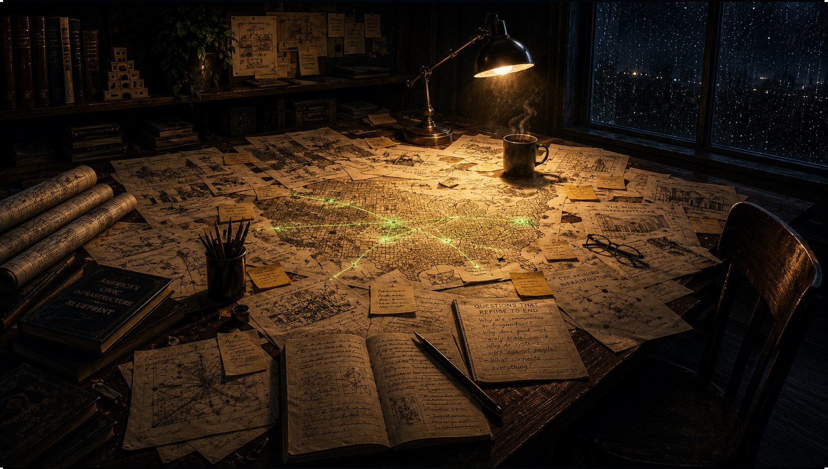 A dark architect's table covered with district maps, civic diagrams, handwritten notes, and a glowing network forming across the work.