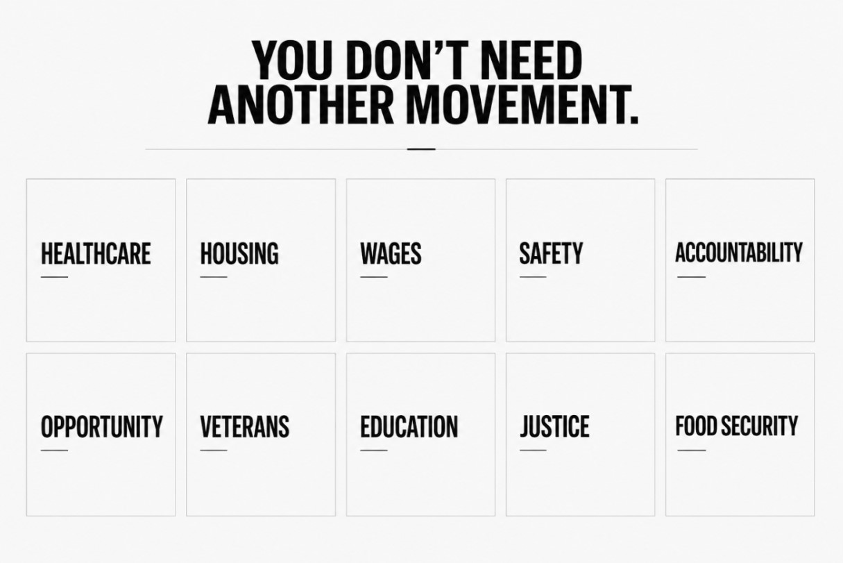 Grid of shared priorities: healthcare, housing, wages, safety, accountability, opportunity, veterans, education, justice, food security