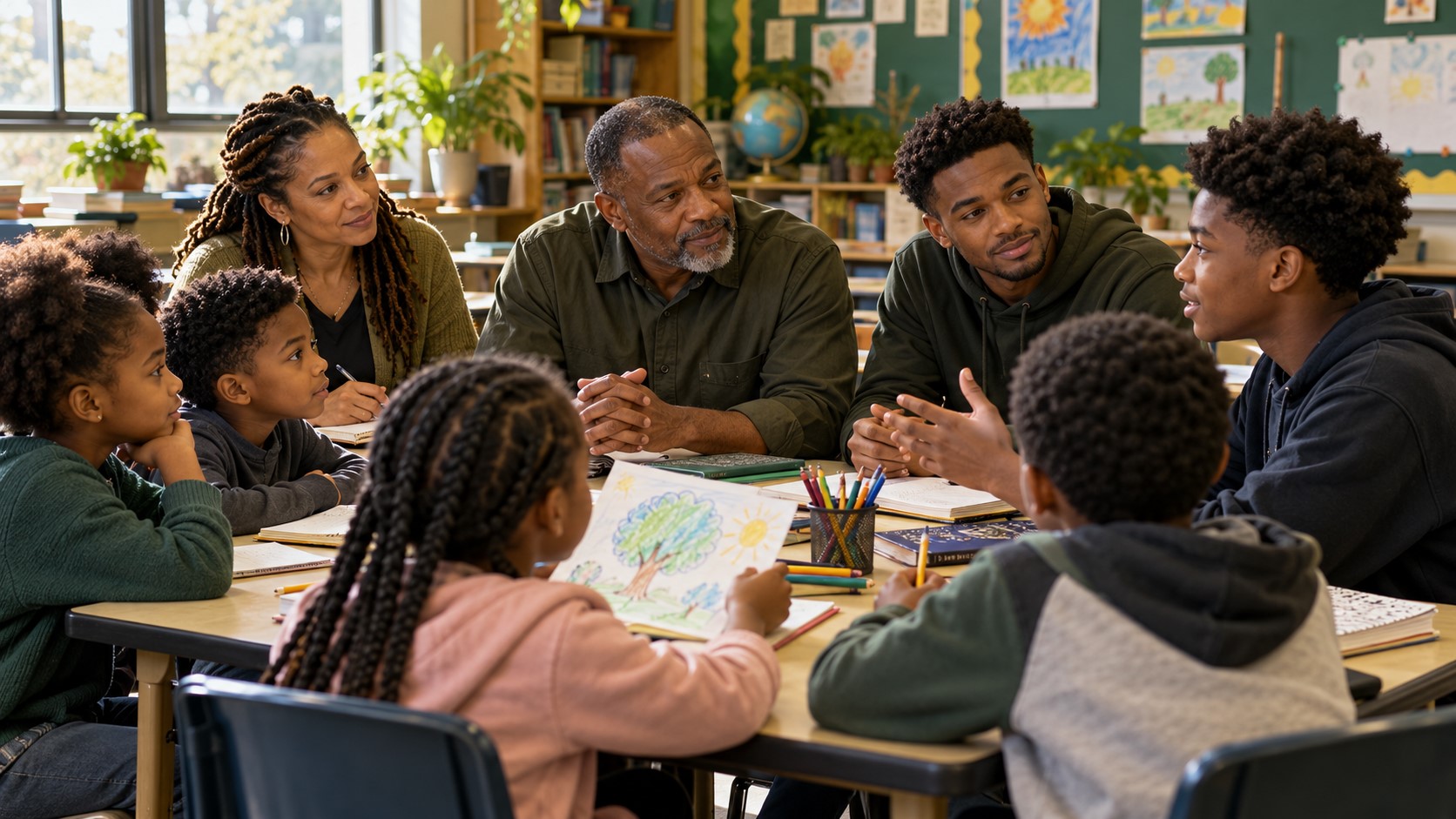 Experienced men, a teacher, a younger mentor, and children learning together in a classroom