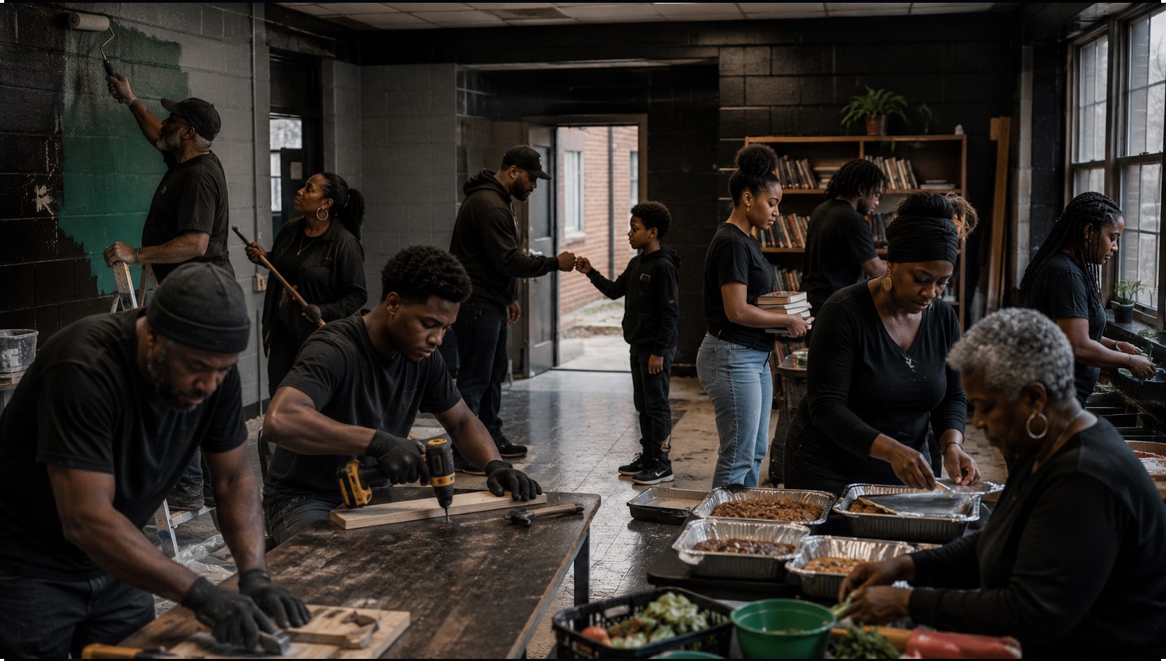 Black families and community members rebuilding a shared community space together