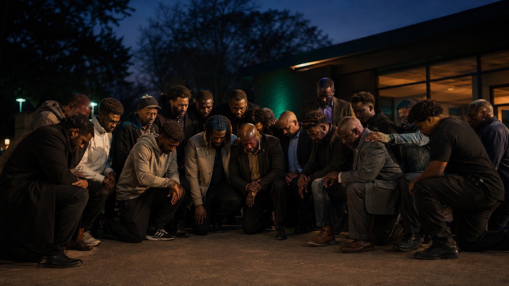 Black men across generations kneel together in a circle at dusk, bowing their heads and supporting one another in reflection and solidarity.