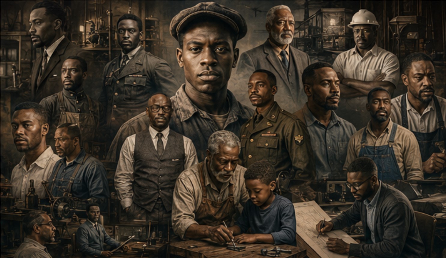 Composite portrait of generations of Black builders