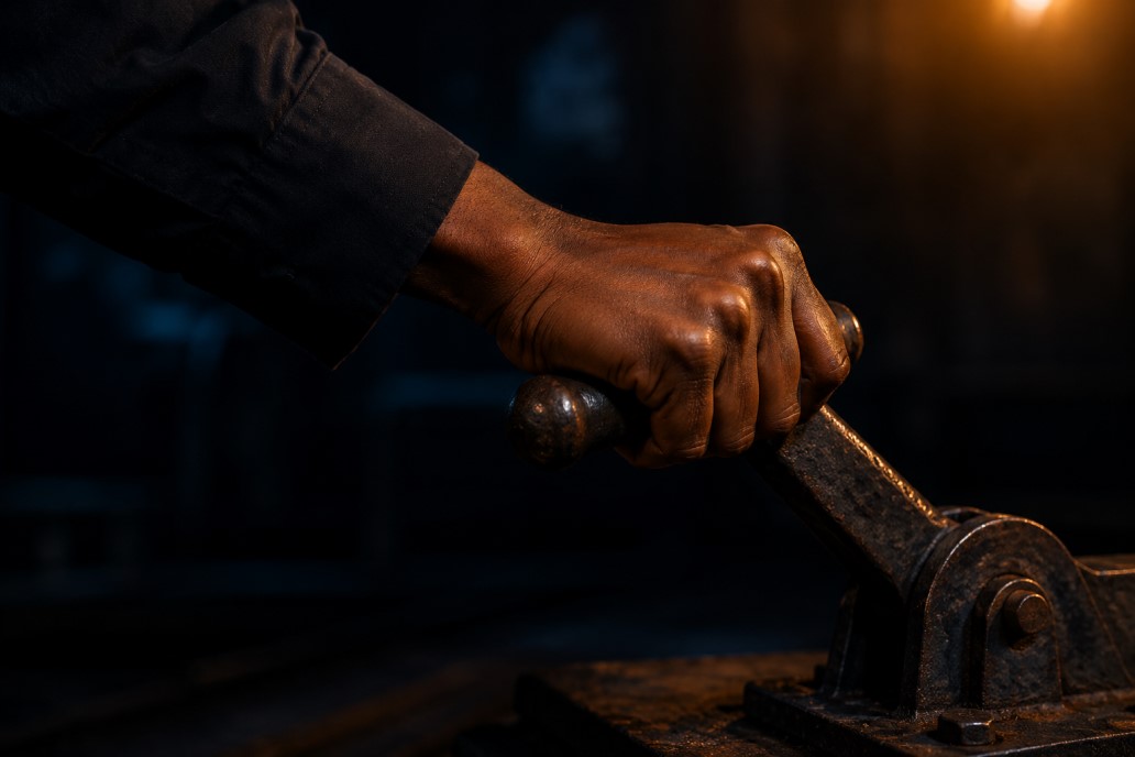 A hand gripping the lever, mid-motion