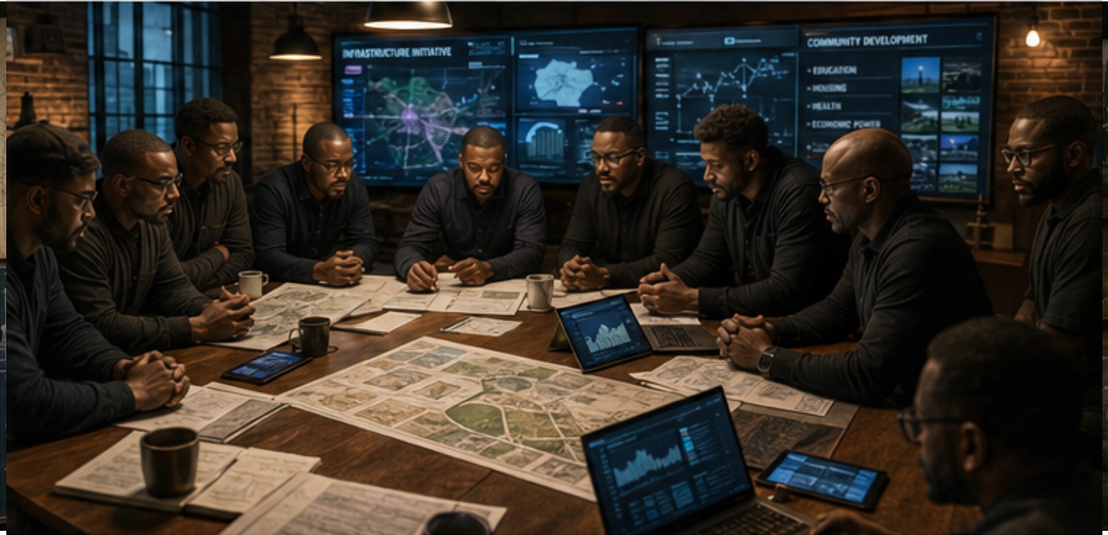 Black men gathered around a table reviewing maps and data screens